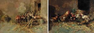 Tito Pellicciotti - Cockrels and hens in a barn; and Donkeys and sheep grazing outside a barn