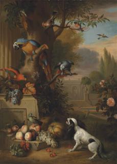Tobias Stranover - A Blue And Gold Macaw, An African Grey Parrot, A Parakeet And Other Birds, With Grapes, Melons, Apples And A Dog, In A Park Landscape