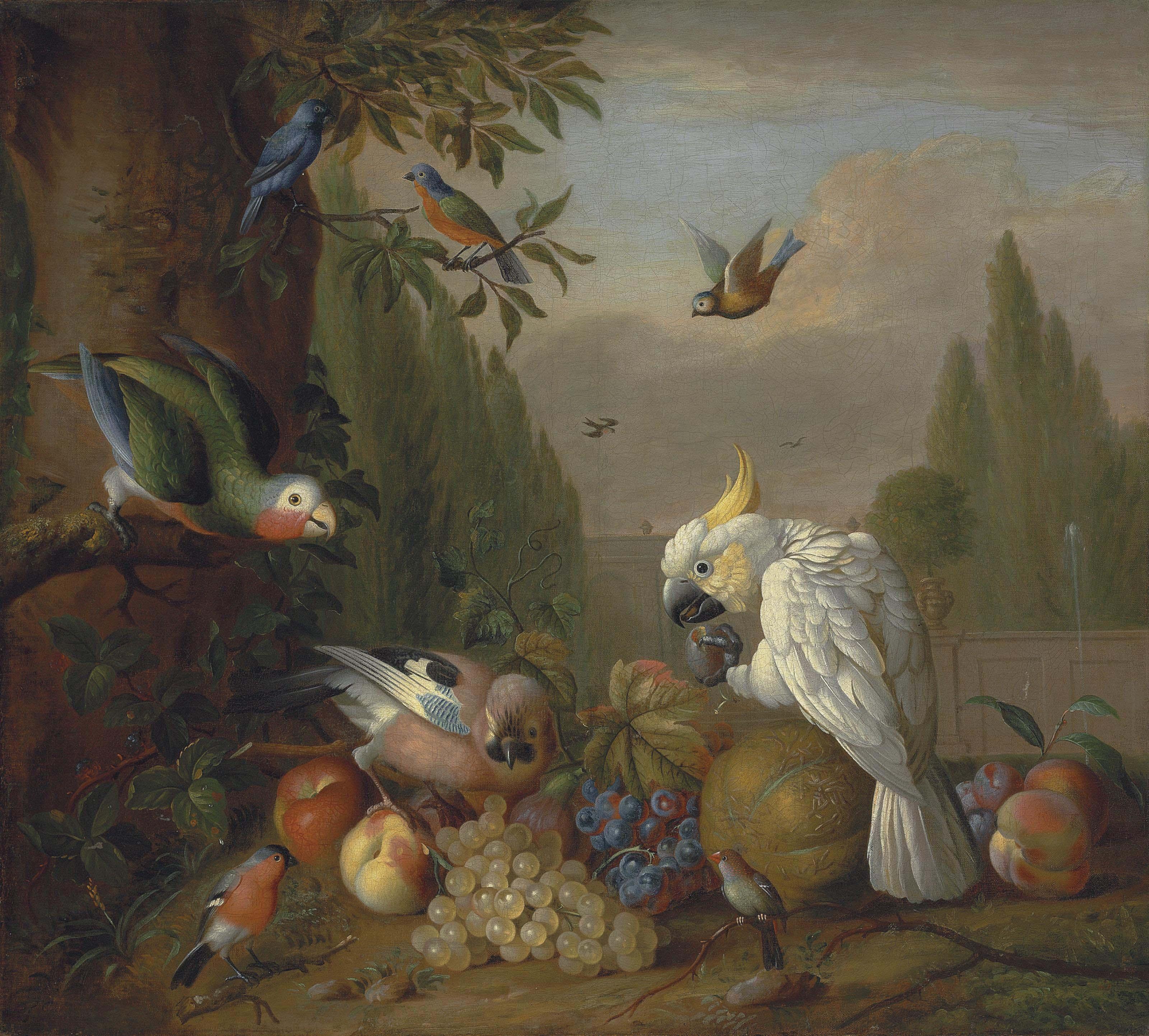 Tobias Stranover - A cockatoo, a parrot, a jay and other birds, with grapes, peaches, plums and a melon, in a park landscape