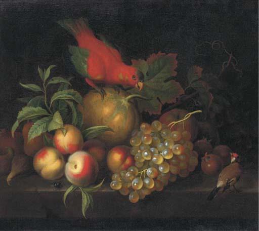 Tobias Stranover - A Melon, Peaches, Grapes, Medlars And Other Fruit With A Parrot And A Goldfinch On A Ledge