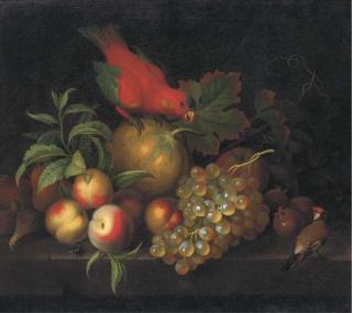 Tobias Stranover - A Melon, Peaches, Grapes, Medlars And Other Fruit With A Parrot And A Goldfinch On A Ledge