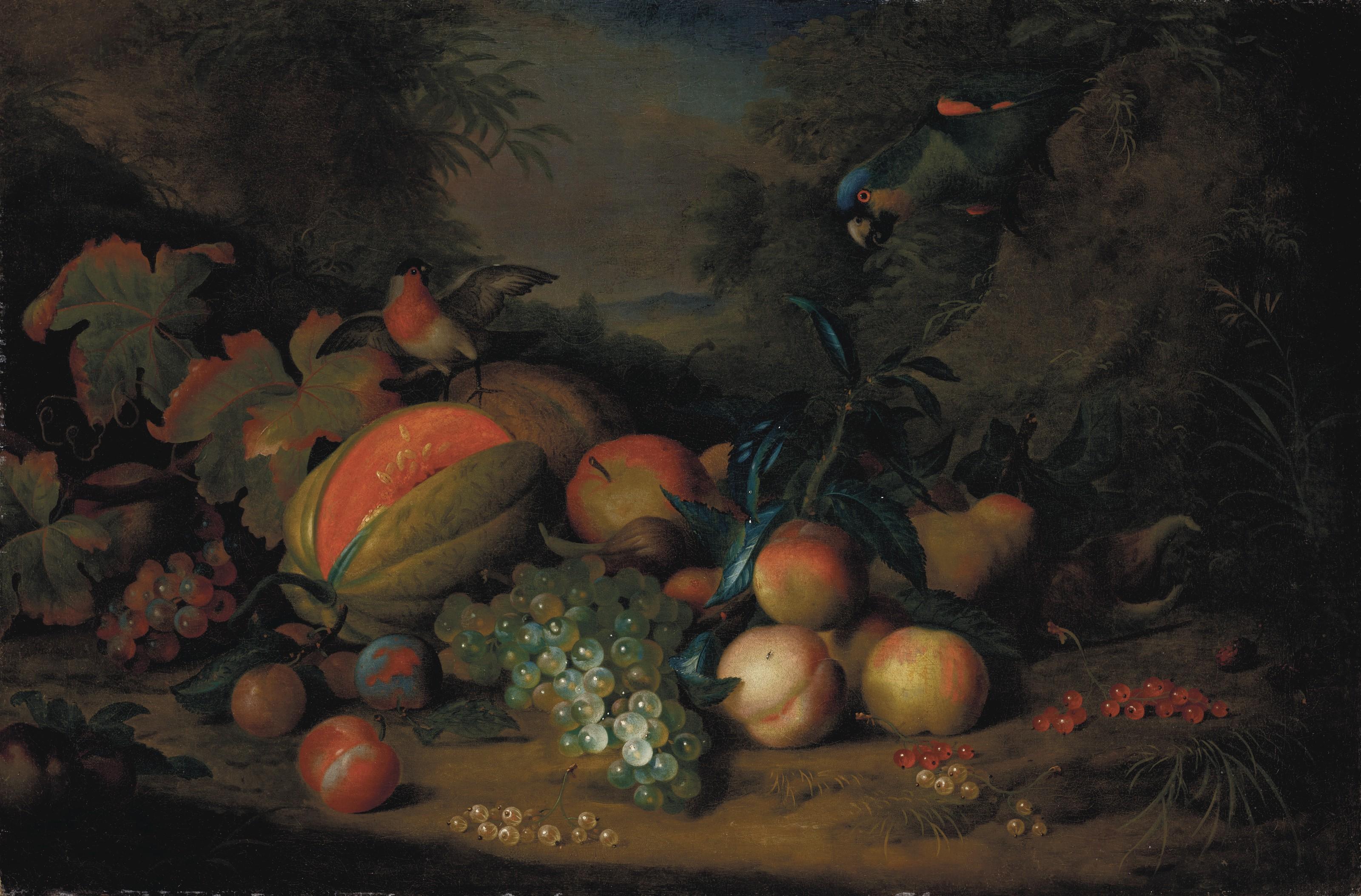 Tobias Stranover - A Split Melon, Peaches, Plums, Grapes, Apples And Currants With A Parrot And A Bullfinch, A Mountainous Landscape Beyond