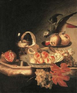 Tobias Stranover - A wanli-kraak porselein bowl of peaches, a peeled lemon in a roemer, apples and parakeet in a tazza and a pomegranate, grapes on a ledge
