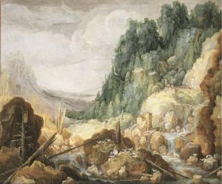 Tobias Verhaecht - A mountainous river landscape with a goatherder resting on a rock, a watermill and a waterfall beyond