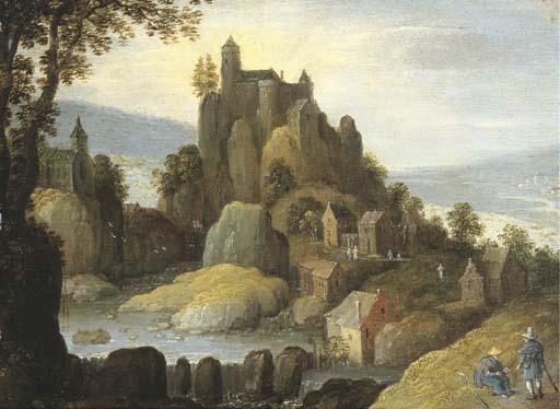 Tobias Verhaecht - An Alpine river landscape with a clifftop castle and a village, two pilgrims in the foreground