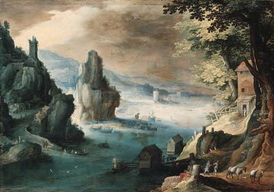 Tobias Verhaecht - An estuary with travellers on a path before a house, a harbor beyond