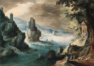 Tobias Verhaecht - An estuary with travellers on a path before a house, a harbor beyond