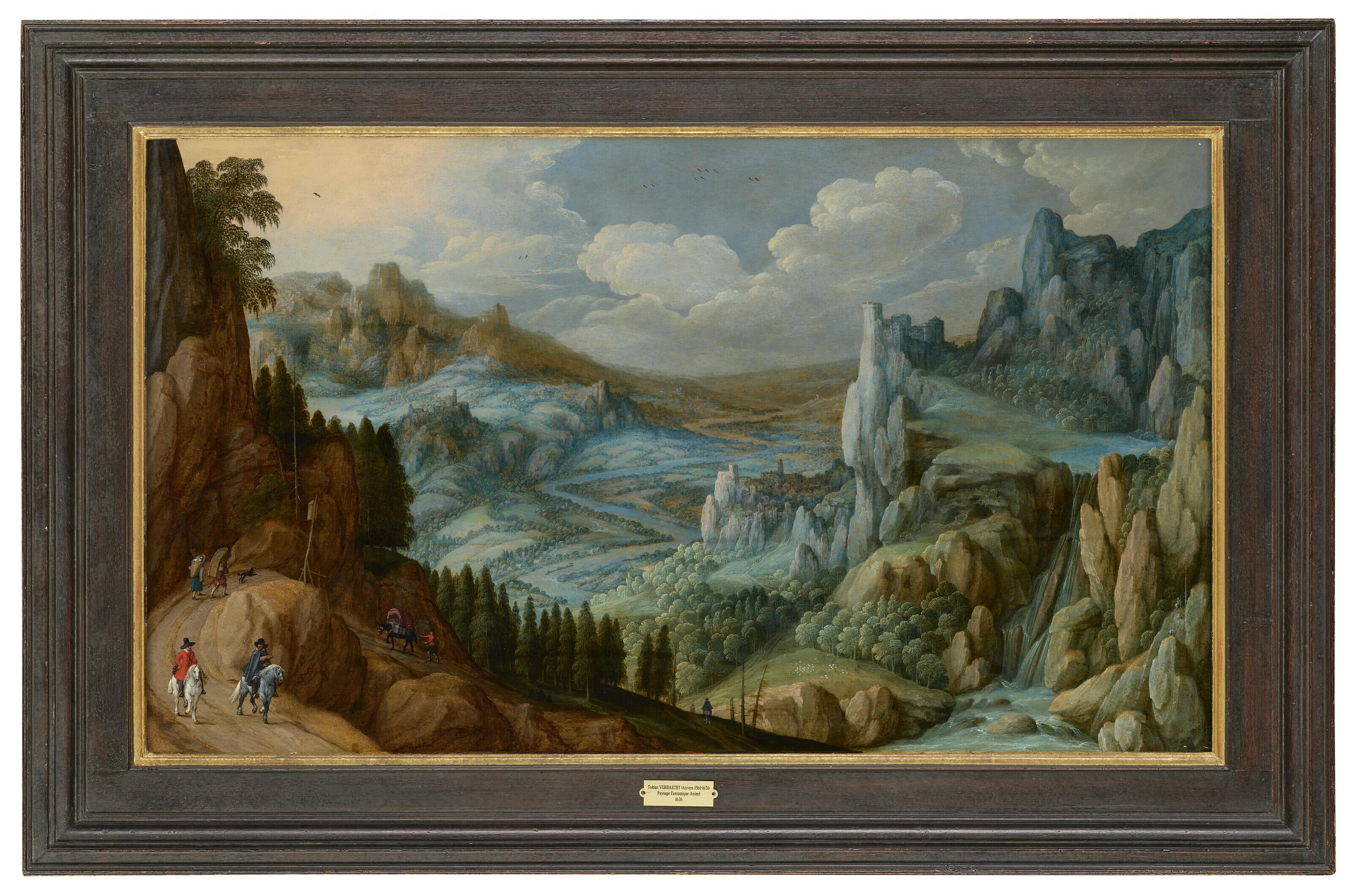 Tobias Verhaecht - An extensive mountainous landscape with travellers on a path