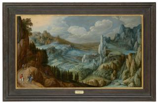 Tobias Verhaecht - An extensive mountainous landscape with travellers on a path