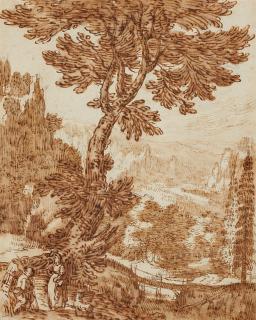 Tobias Verhaecht - Gebirgslandschaft mit Brücke und einem Hirtenpaar