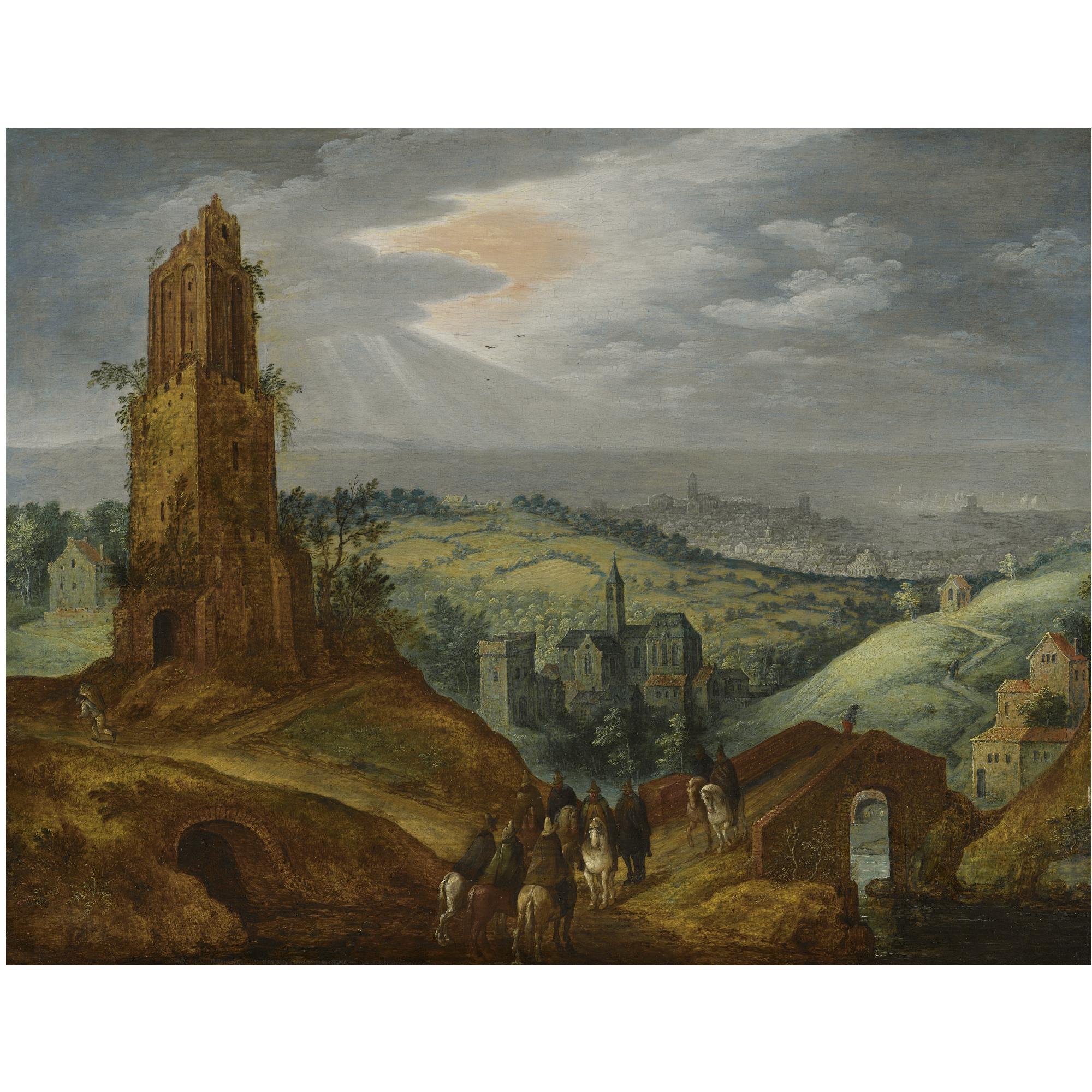 Tobias Verhaecht - Landscape With Travellers On Horseback Beneath A Ruined Tower, A Distant City Beyond