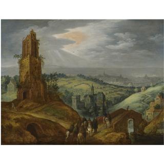 Tobias Verhaecht - Landscape With Travellers On Horseback Beneath A Ruined Tower, A Distant City Beyond