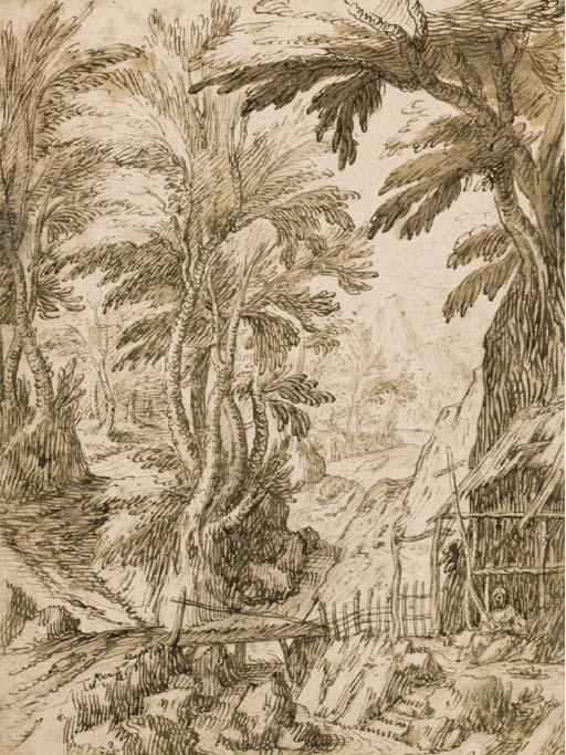 Tobias Verhaecht - Un paysage boisé de montagne avec Saint Jérôme