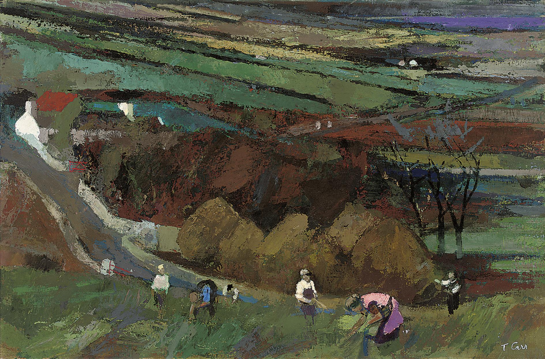 Tom Carr, H.R.H.A., P.R.U.A., A.R.W.S. - Pulling Flax at Kilmegan