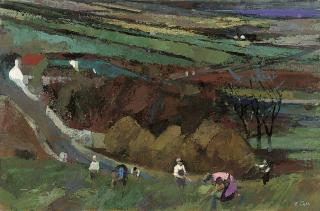 Tom Carr, H.R.H.A., P.R.U.A., A.R.W.S. - Pulling Flax at Kilmegan