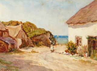 Tom Clough - A figure on a sandy track before a coastal cottage