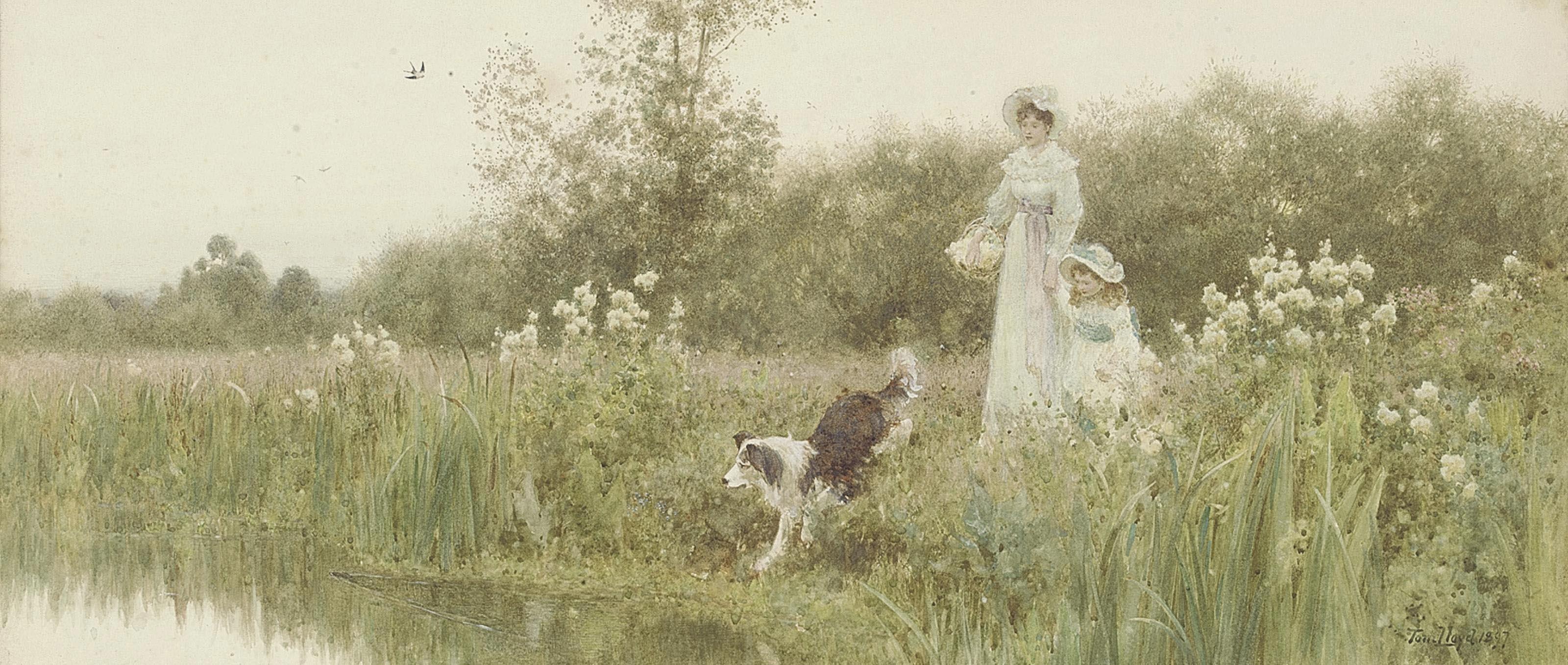 Tom James Lloyd - A mother and child with their sheepdog on the banks of a river