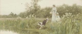 Tom James Lloyd - A mother and child with their sheepdog on the banks of a river