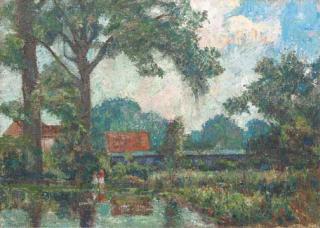 Tom Mostyn - Two Children By A Lake In A Farmyard