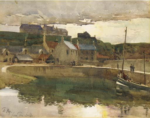 Tom Scott, R.S.A. - Boats in a harbour, thought to be Portknockie, Banff