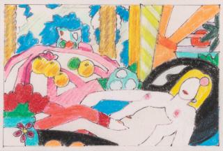 Tom Wesselmann - Study for Sunset Nude, with Matisse apples on pink tablecloth