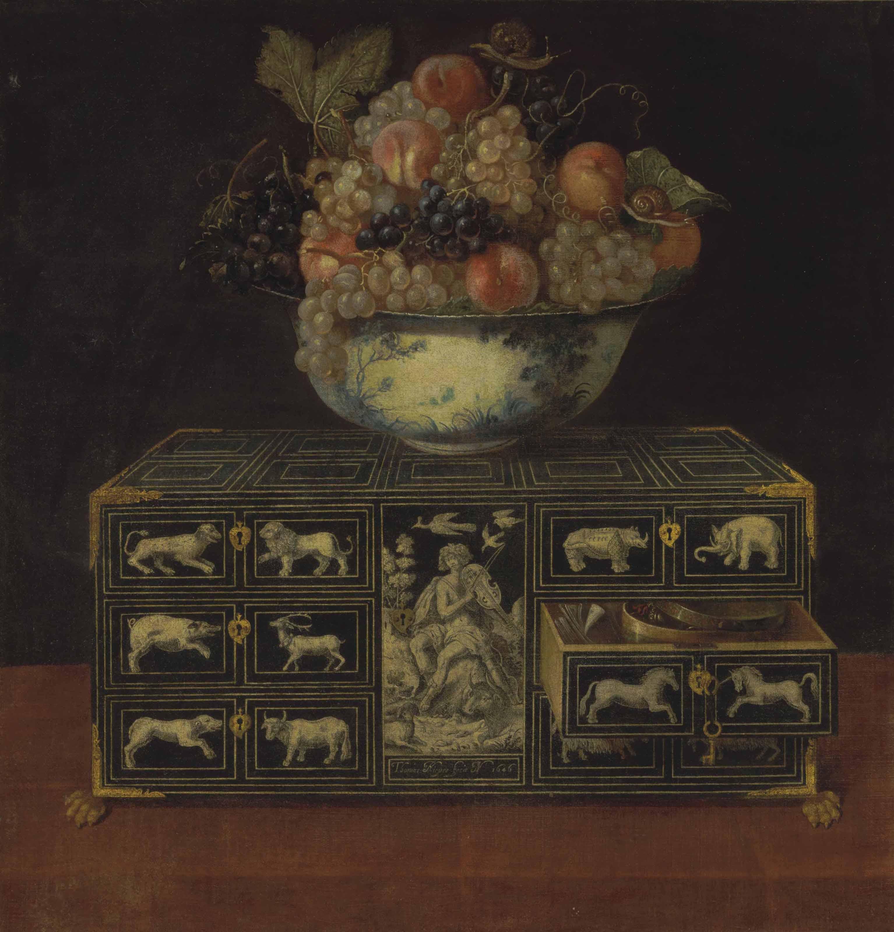 Tomás Hiepes - Grapes, Peaches And A Snail In A Chinese Porcelain Bowl Atop A Gilt And Inlaid Cabinet