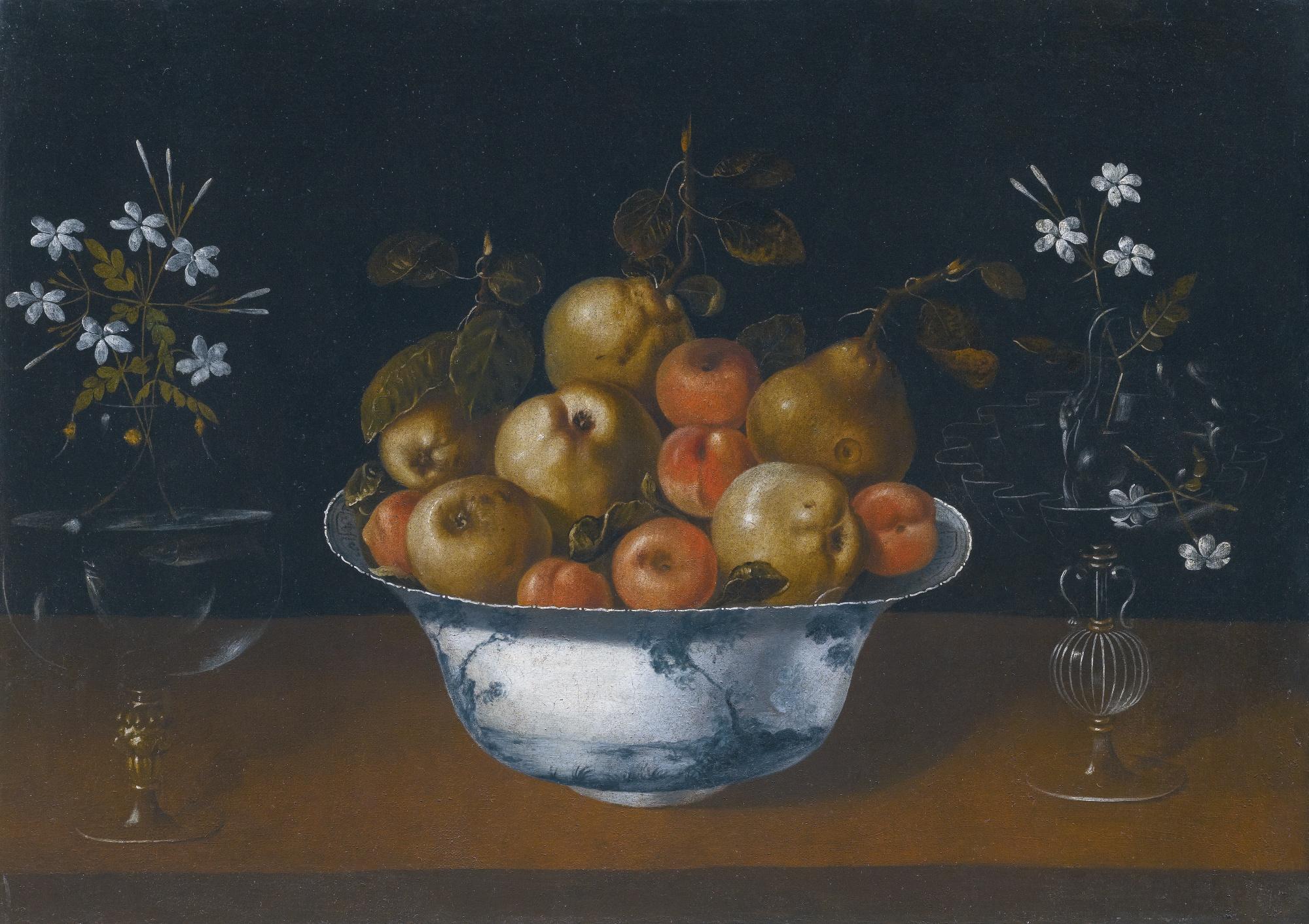 Tomás Hiepes - Still Life With Fruit In A Porcelain Bowl Flanked By A Pair Of Glass Vases