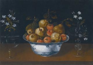 Tomás Hiepes - Still Life With Fruit In A Porcelain Bowl Flanked By A Pair Of Glass Vases