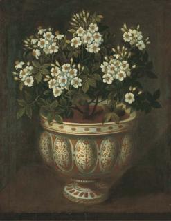 Tomás Hiepes - White roses in a lobed-footed copper-lustre maiolica Manises vase on a ledge
