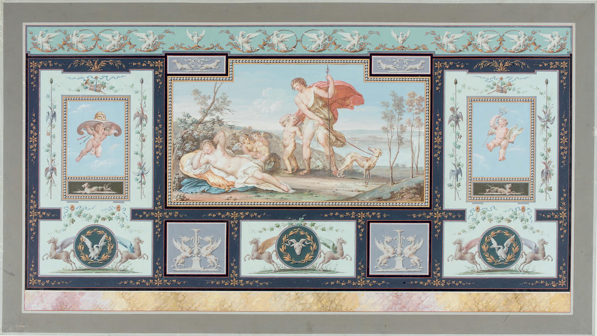 Tomasso Bigatti - A design for a wall decoration in Ancient Roman style, with a central scene of Adonis discovering the sleeping Venus, flanked by panels with putti, griffins and winged horses