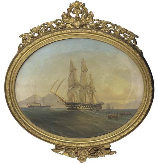 Tomasso De Simone - A Royal Naval two-decker under full sail in the Mediterranean off Naples