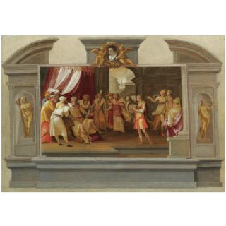 Tommaso d\'Antonio Manzuoli - A Trompe L\'Oeil Design For A Wall Monument, With David Playing The Harp Before Saul, A Portrait Of A Young Man Held By Putti Above