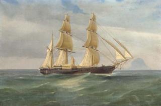 Tommaso De Simone - A British Naval paddle sail steam ship off Stromboli