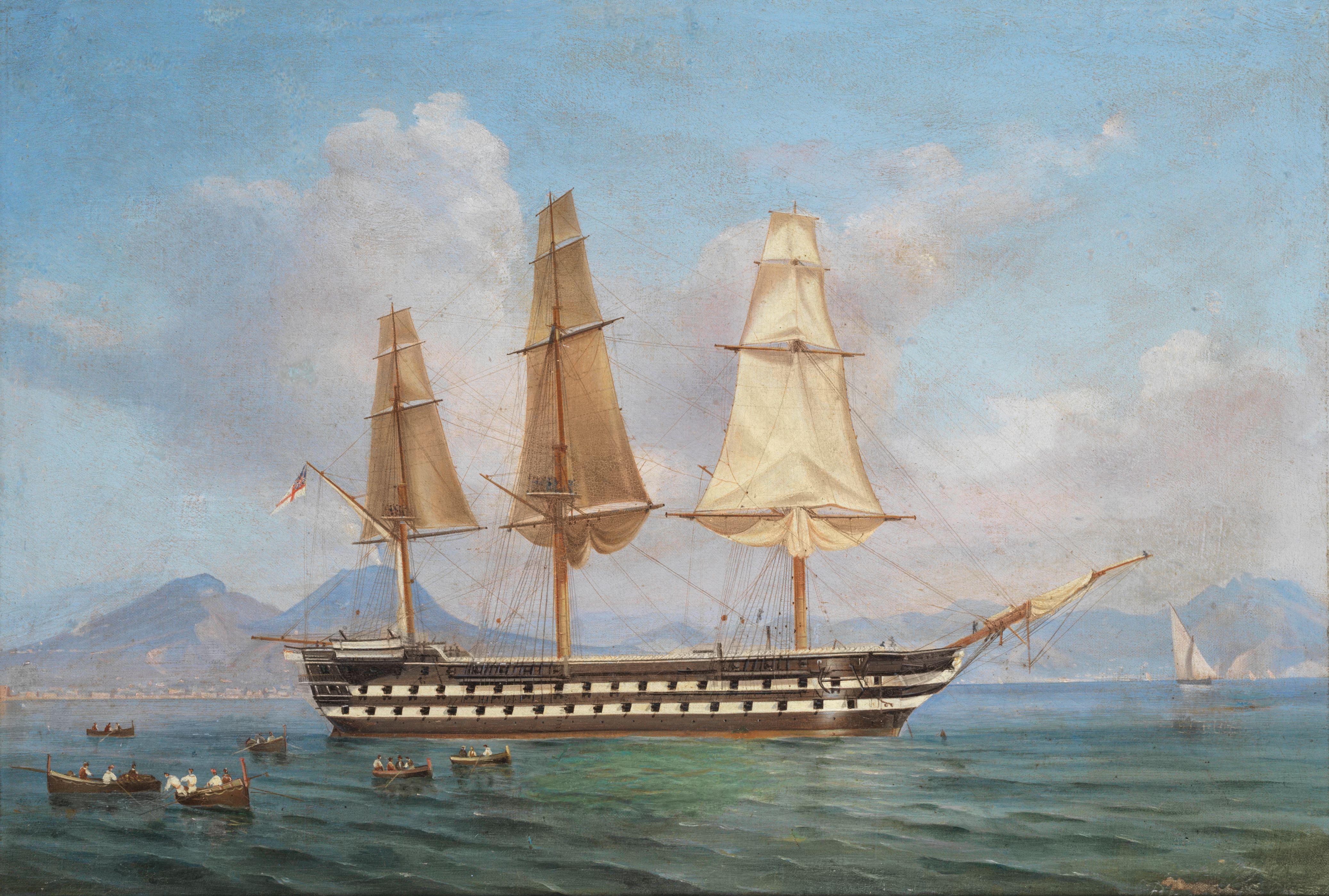 Tommaso de Simone - A British naval warship in the bay of Naples, with Vesuvius beyond