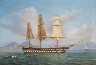 Tommaso de Simone - A British naval warship in the bay of Naples, with Vesuvius beyond