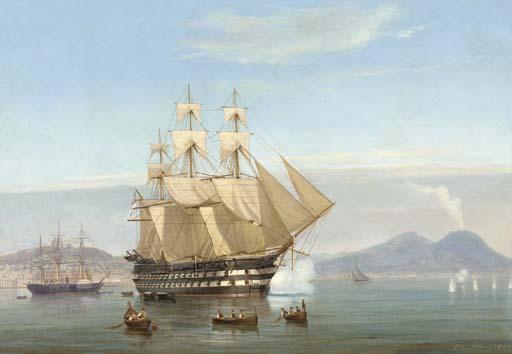 Tommaso De Simone - H.M.S. Exmouth signalling her arrival at Naples