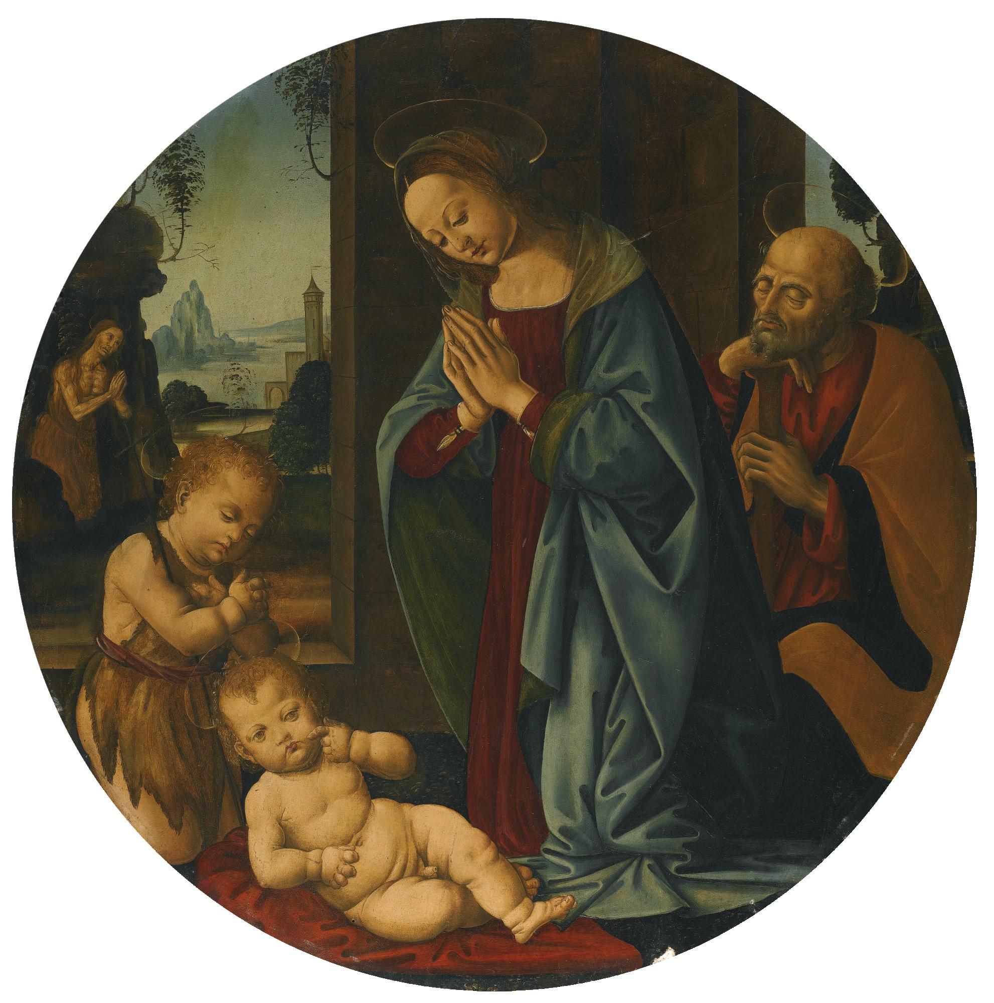 Tommaso di Credi - The Holy Family With The Infant Saint John The Baptist, In The Background A Landscape With Saint Onuphrius