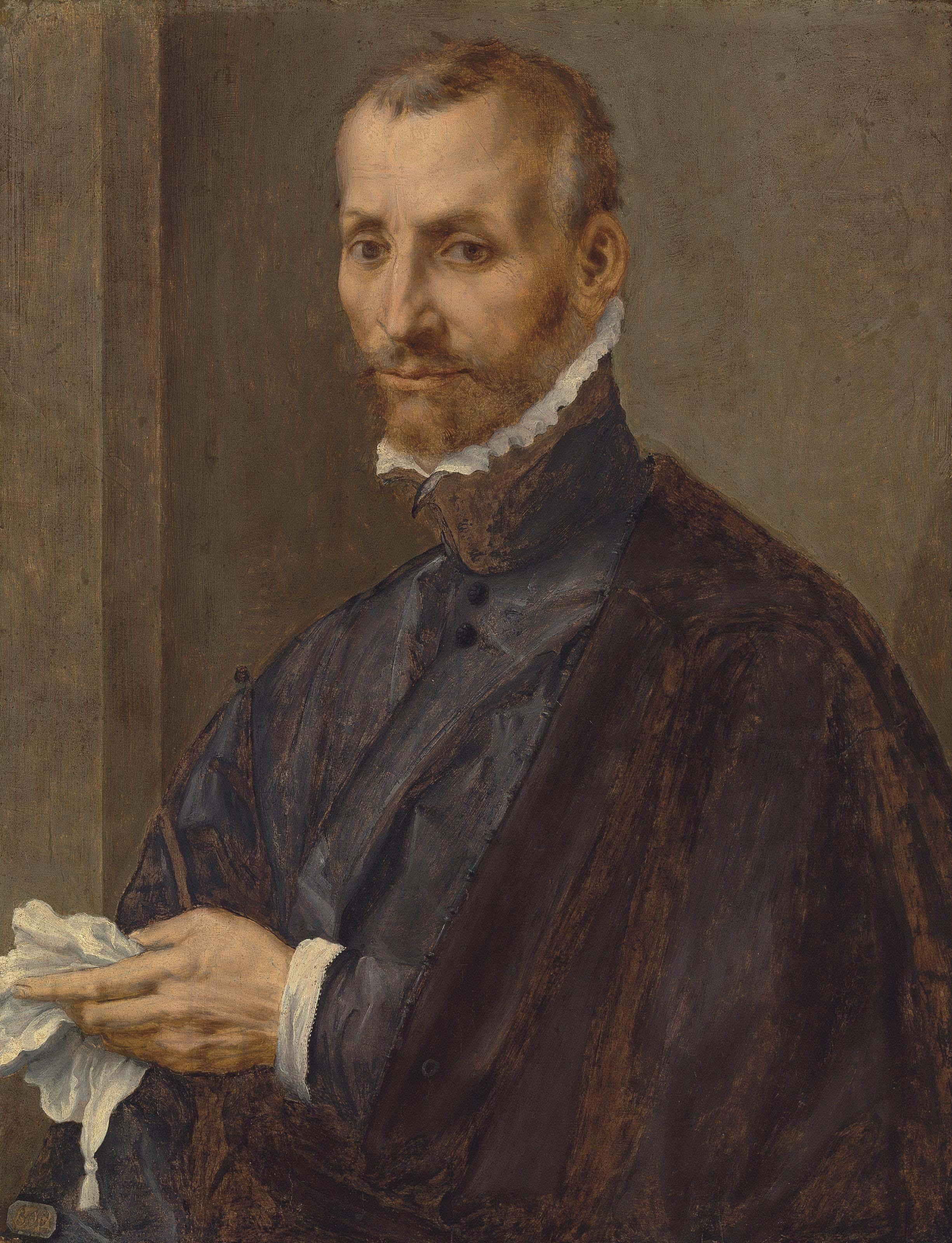 Tommaso Manzuoli - Portrait of a man, half-length, in a grey coat and mantle, holding a handkerchief