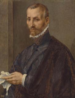 Tommaso Manzuoli - Portrait of a man, half-length, in a grey coat and mantle, holding a handkerchief