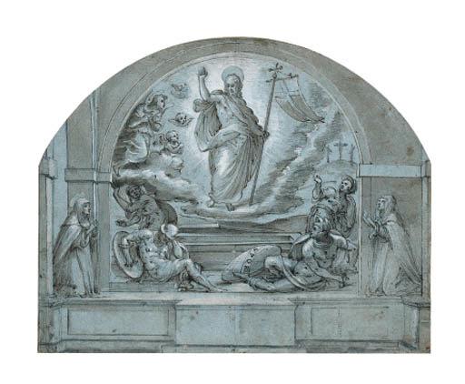 Tommaso Manzuoli - The Resurrection: Design for a frescoed altarpiece and altar flanked with a kneeling monastic female saint and a kneeling donatrix