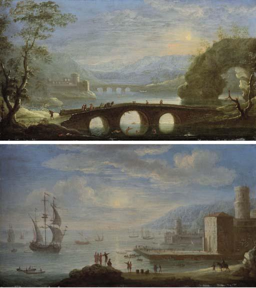 Tommaso Ruiz - A mountaineous landscape with figures crossing a bridge and a fort and bridge beyond; and A Mediterranean port with boats in the surrounding waters