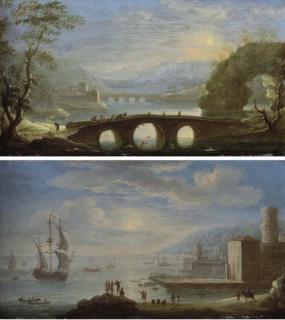 Tommaso Ruiz - A mountaineous landscape with figures crossing a bridge and a fort and bridge beyond; and A Mediterranean port with boats in the surrounding waters
