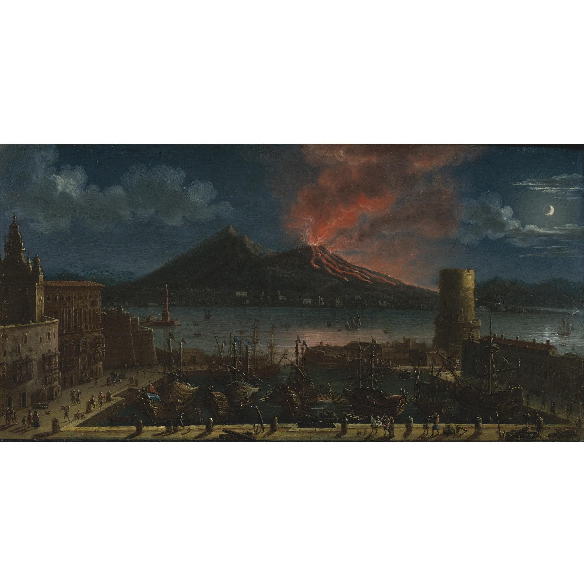 Tommaso Ruiz - A Nocturnal View Of The Port Of Naples With The Lanterna Del Molo, Vesuvius Beyond 