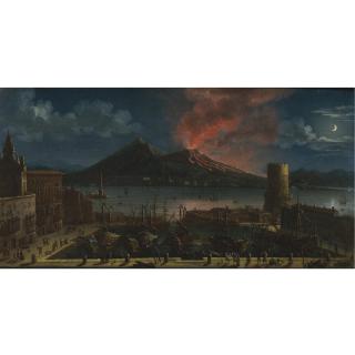 Tommaso Ruiz - A Nocturnal View Of The Port Of Naples With The Lanterna Del Molo, Vesuvius Beyond 