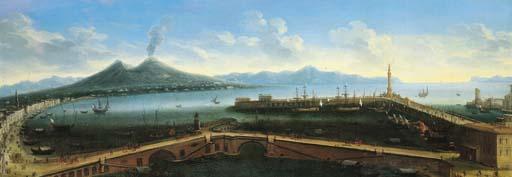 Tommaso Ruiz - Veduta del Porto di Napoli con il Ponte Nuovo, l\'edificio dell\'Immacolatella e la lanterna del Molo