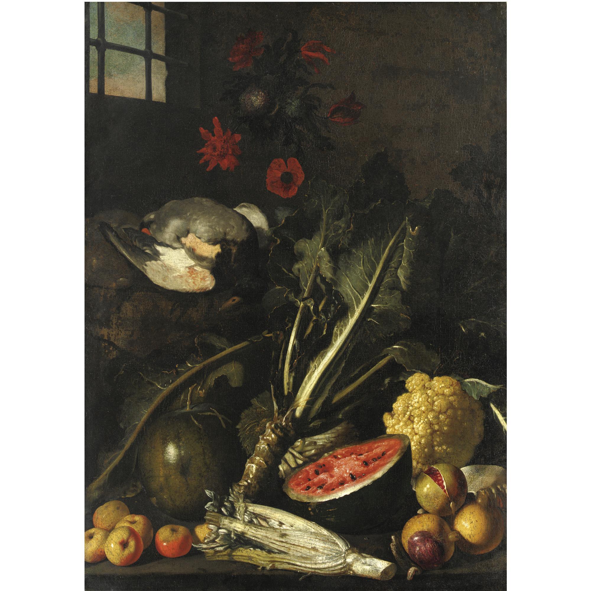 Tommaso Salini -  Natura Morta Con Cardo, Cavolo, Angurie, Melagrana, Cacciagione E Fiori