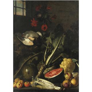 Tommaso Salini -  Natura Morta Con Cardo, Cavolo, Angurie, Melagrana, Cacciagione E Fiori