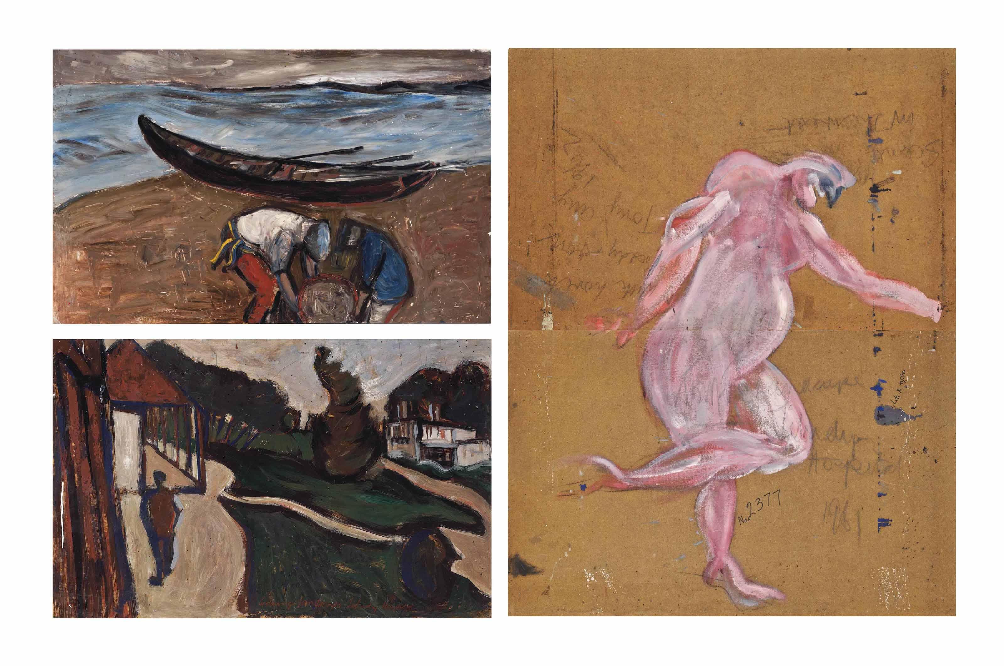 Tony O\'Malley, H.R.H.A. - Currach, Clare Island (Recto); Evening Landscape Tehidy Hospital (Recto); Figure (Verso)