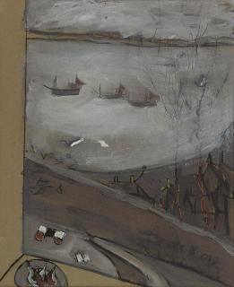 Tony O\'Malley, H.R.H.A. - Three boats from a window