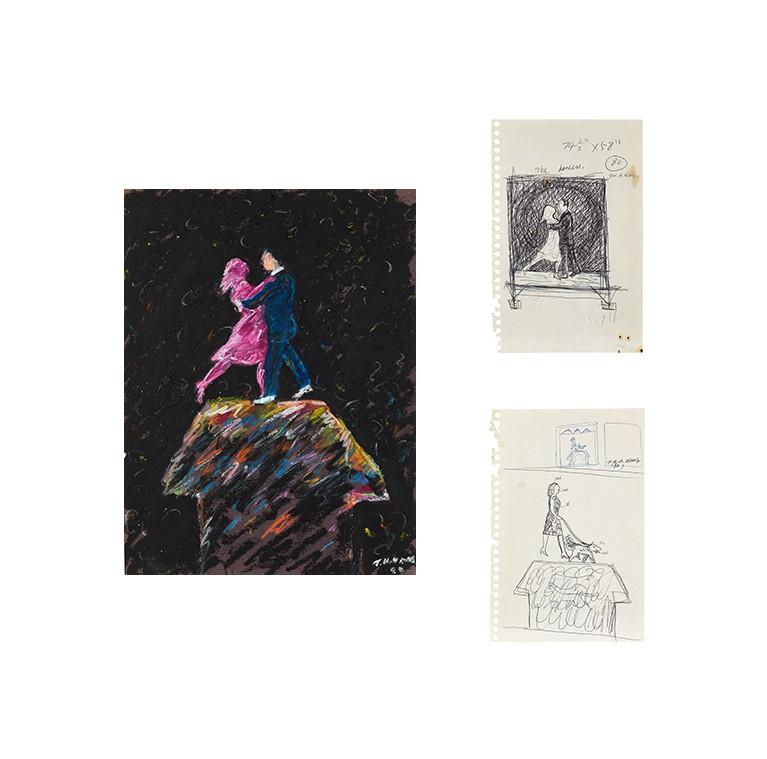 Tony Wong - a. Dancers; b. Drawing study: The Dancers; c. Drawing study: Woman and Dog